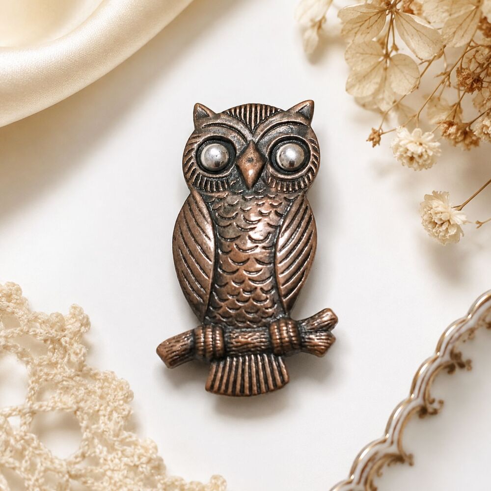 Vintage Copper Owl Brooch Made in Taiwan Figural Bird Pin Retro Jewelry